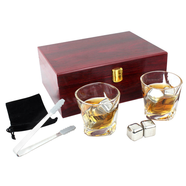 Whisky glasses and stainless steel ice cube set Burgandy wood - Punchprint Photo Engraving