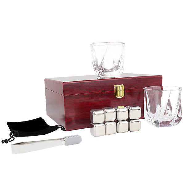 Whisky glasses and stainless steel ice cube set Burgandy wood - Punchprint Photo Engraving