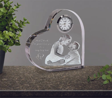 2D Laser Crystal Heart with Clock - Punchprint Photo Engraving